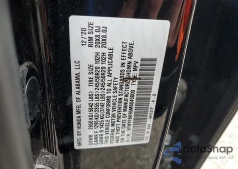 2021 Honda Pilot Touring from USA, damaged, VIN 5FNYF6H95MB045000